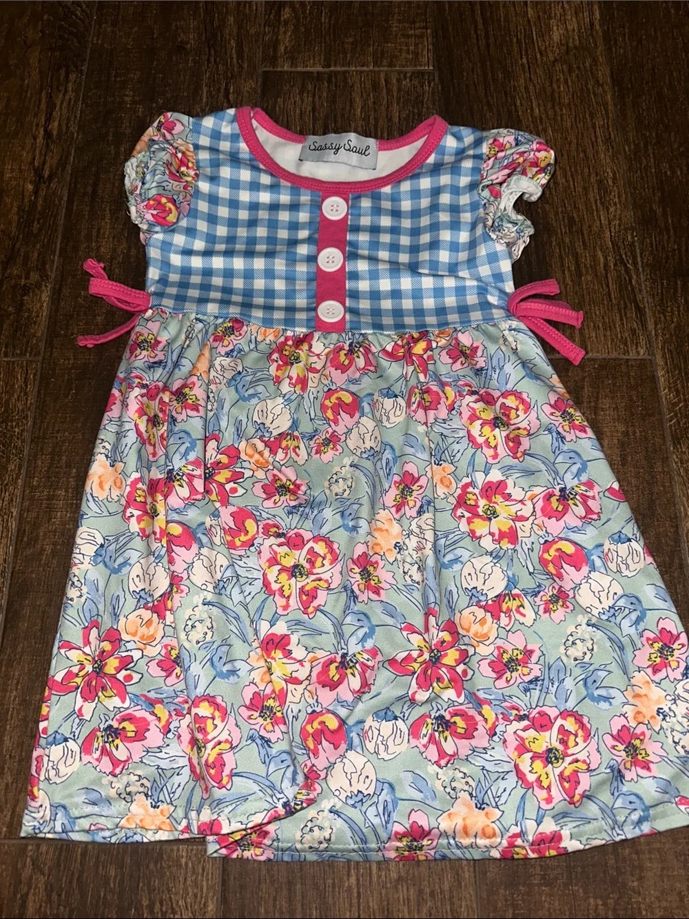 Girls Blue Gingham & Pink Floral Dress